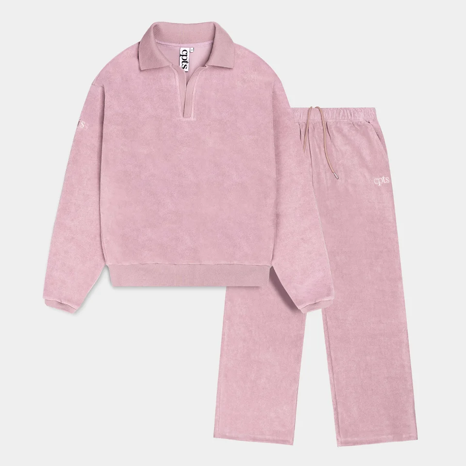 LONG SLEEVED TOWELING POLO PANTS SET_LIGHT PINK