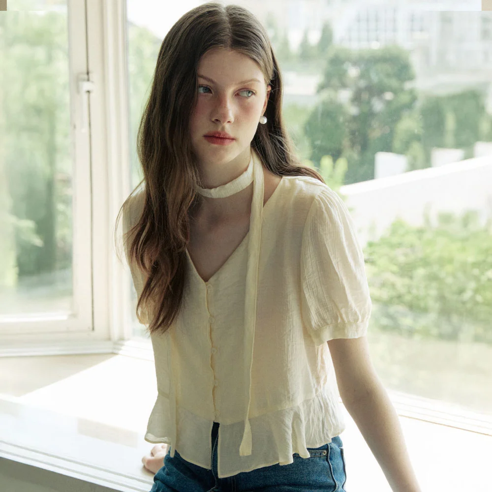 Sheer tie deep v neck blouse - cream
