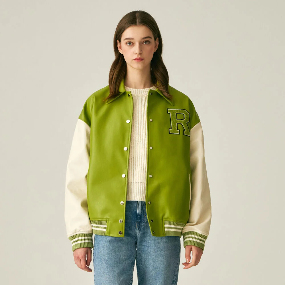 (UNISEX)9111 VARSITY LEATHER JACKET_LIGHT GREEN