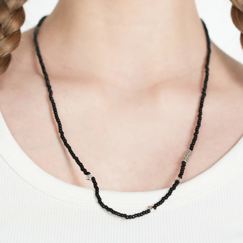 Silver star charms black beads Necklace 銀色 星星 星星 吊飾 黑色 串珠頸鏈 長 Necklace