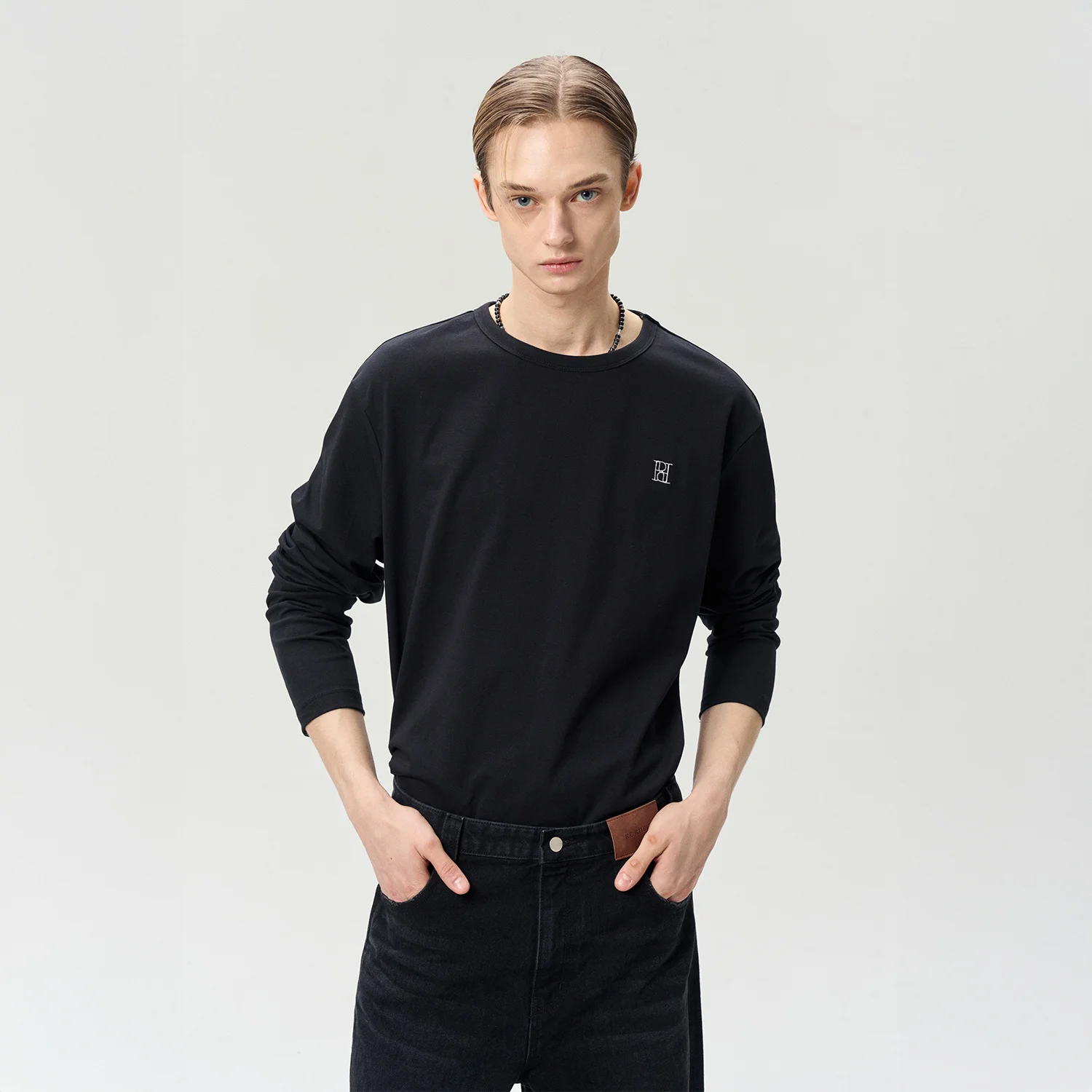 LOGO EMBROIDERED JERSEY TOP BLACK