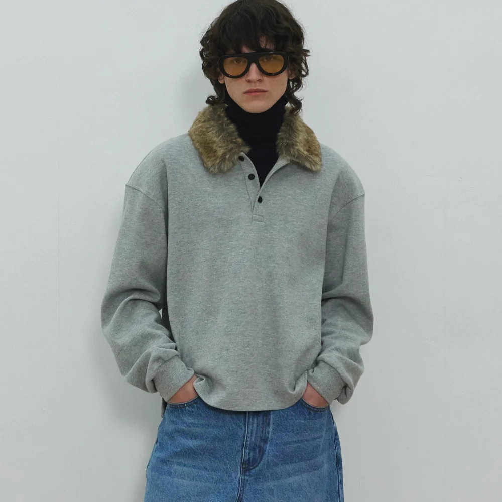UNISEX, Detachable Fur Collar PK Shirt / Gray