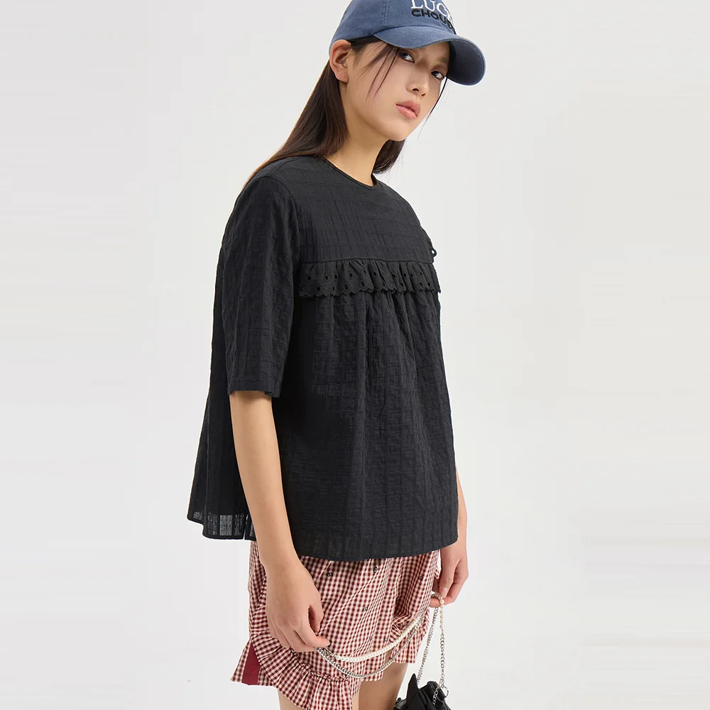 Frill Lace Stripe Short Sleeve Blouse (black) LFSAM26430BKX