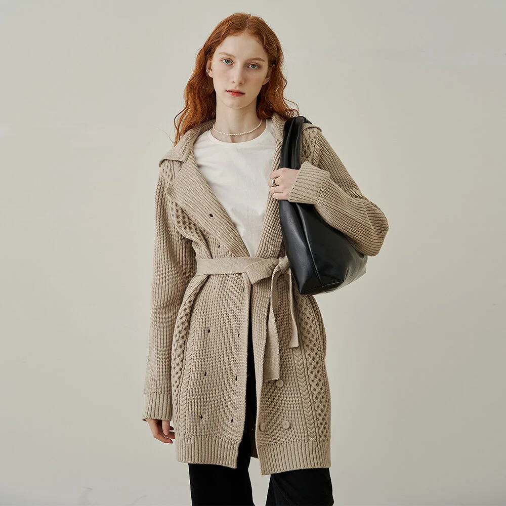 Twist button wrap cardigan midi dress - beige