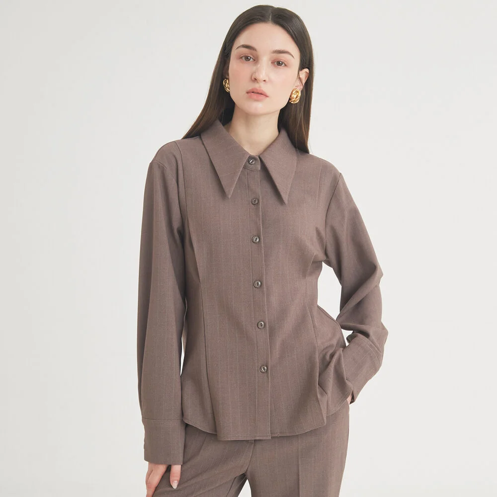 Wool Stripe Pintuck Shirt (Brown)