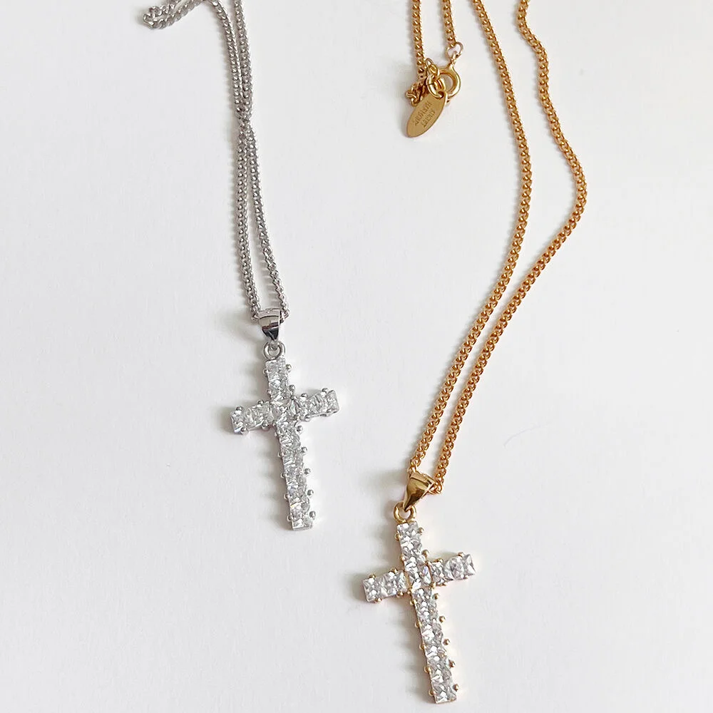 92.5% Silver Crystal Cross Necklace / 2color