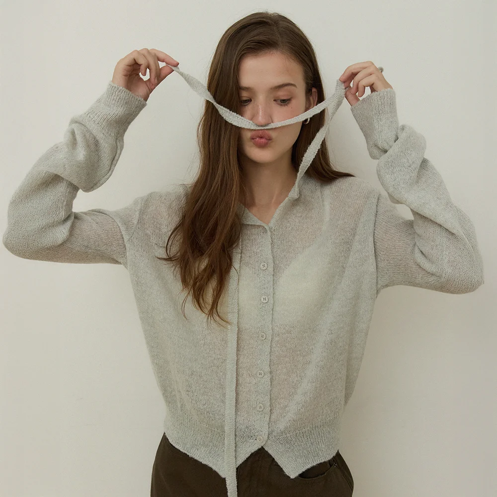 Fluffy yarn ribbon neck loose fit cardigan - melange grey