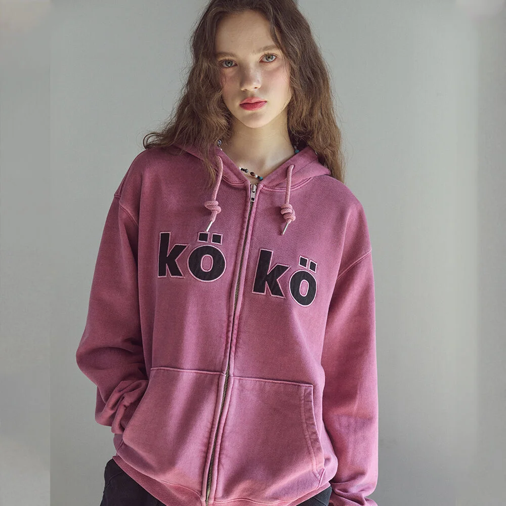 KOKO 貼布繡 Pigment 連帽衫 拉鏈 灰粉色