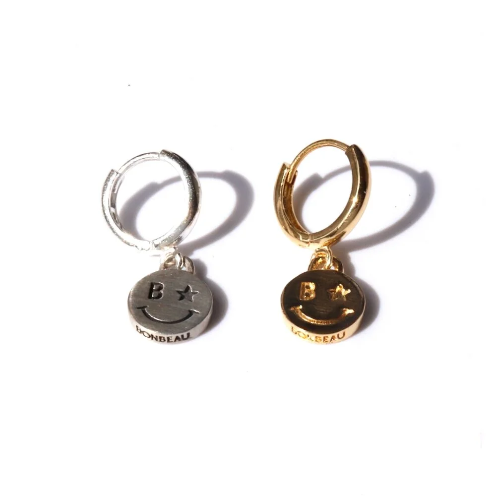 Star eye smile coin pendant Earrings 925銀色 笑臉 垂肩 一觸式戒指 耳環