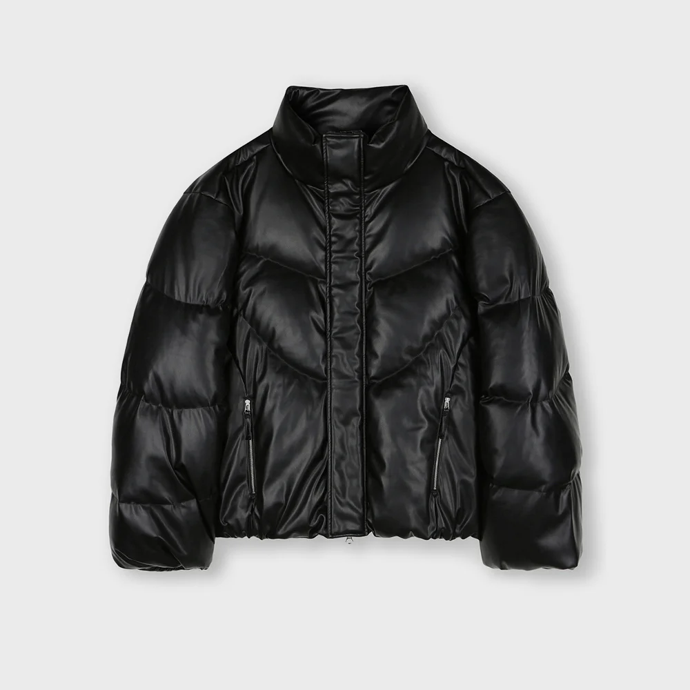 CURVED LINE FAUX LEATHER SHORT PUFFER DOWN BLACK