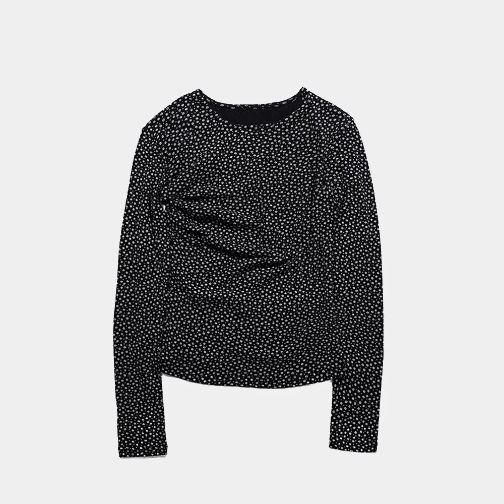 FLOWER SHIRRING COTTON LONG SLEEVE - BLACK