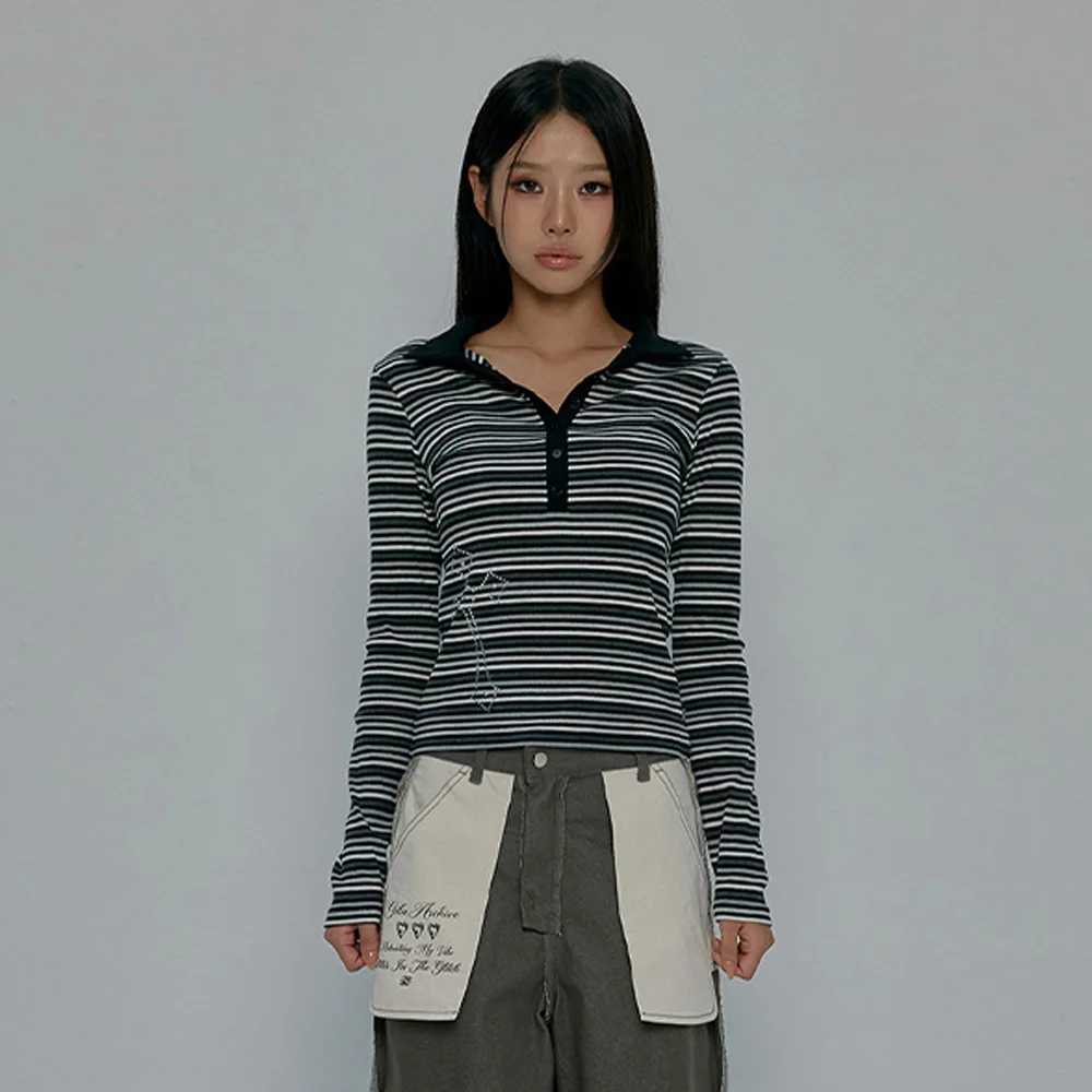 CROSS BUTTON COLLAR STRIPE LONG SLEEVE_CHARCOAL