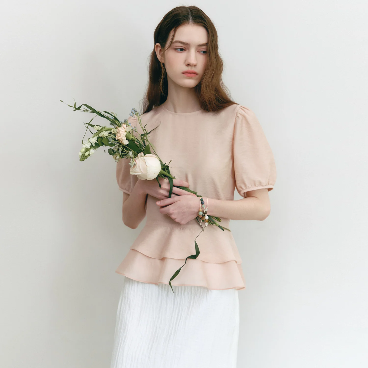 See-through layered Frilled Peplum Blouse CORAL