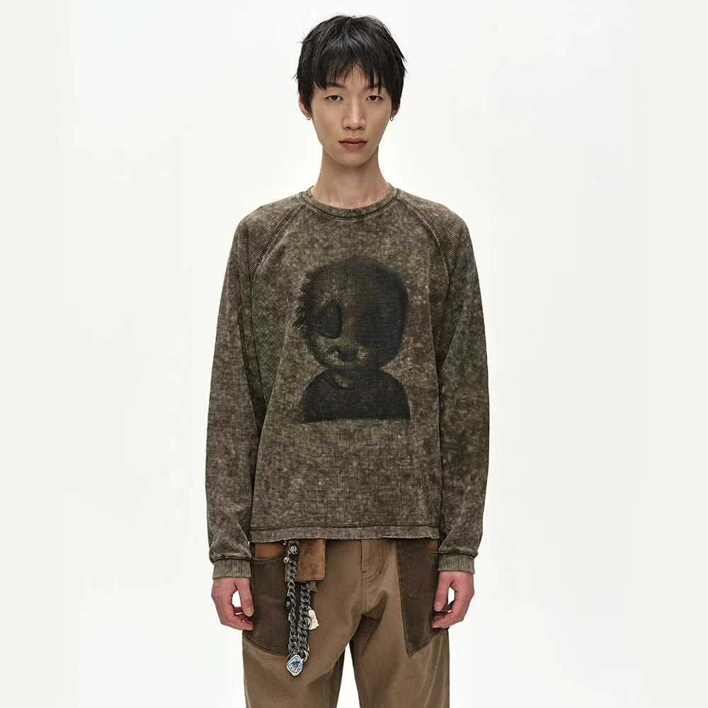 UNISEX ALIEN MACHINERY WAFFLE LONG SLEEVE T-SHIRT (WASHED KHAKI)