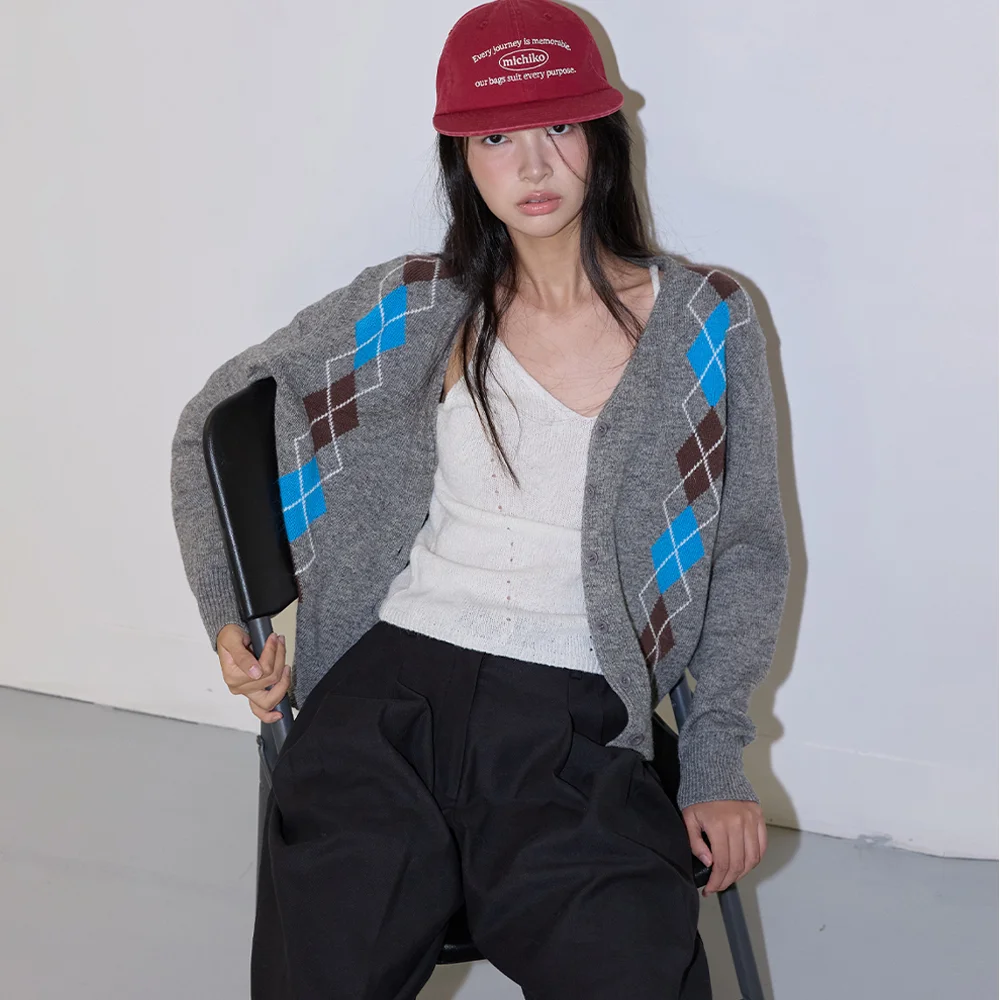 ARGYLE MERINO WOOL CARDIGAN MELANGE GREY
