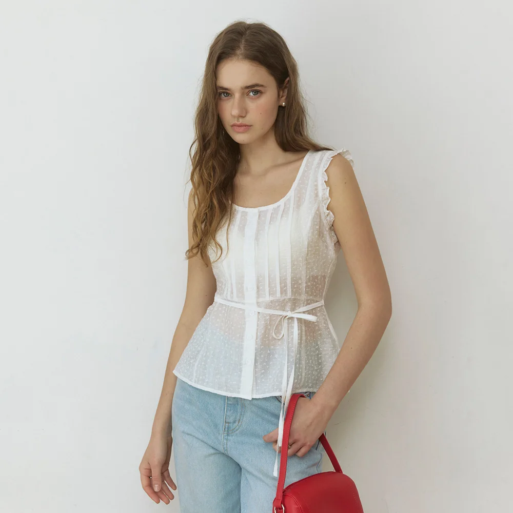 Frill mini flower see through blouse - white