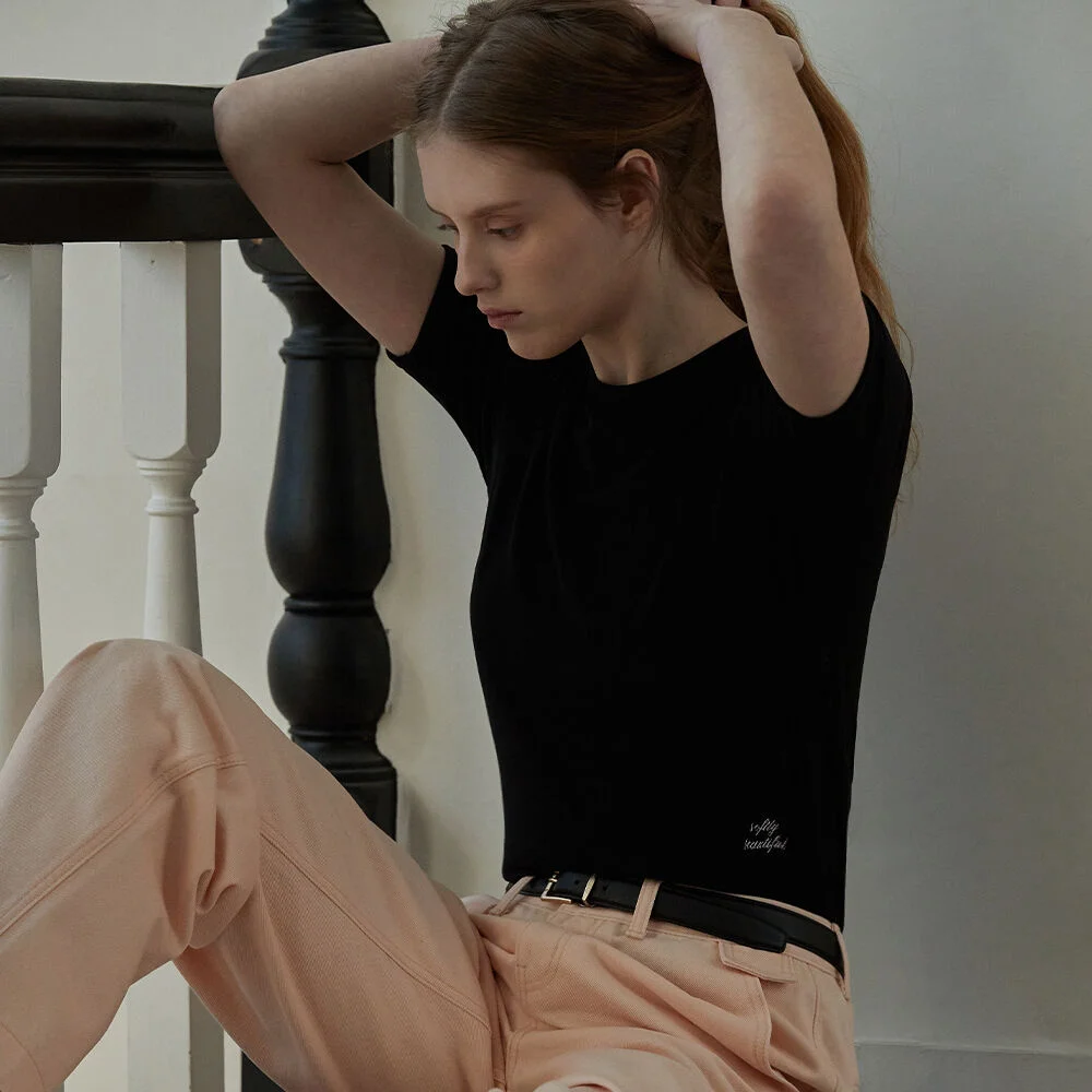 Embroidery ribbed t shirt - Black