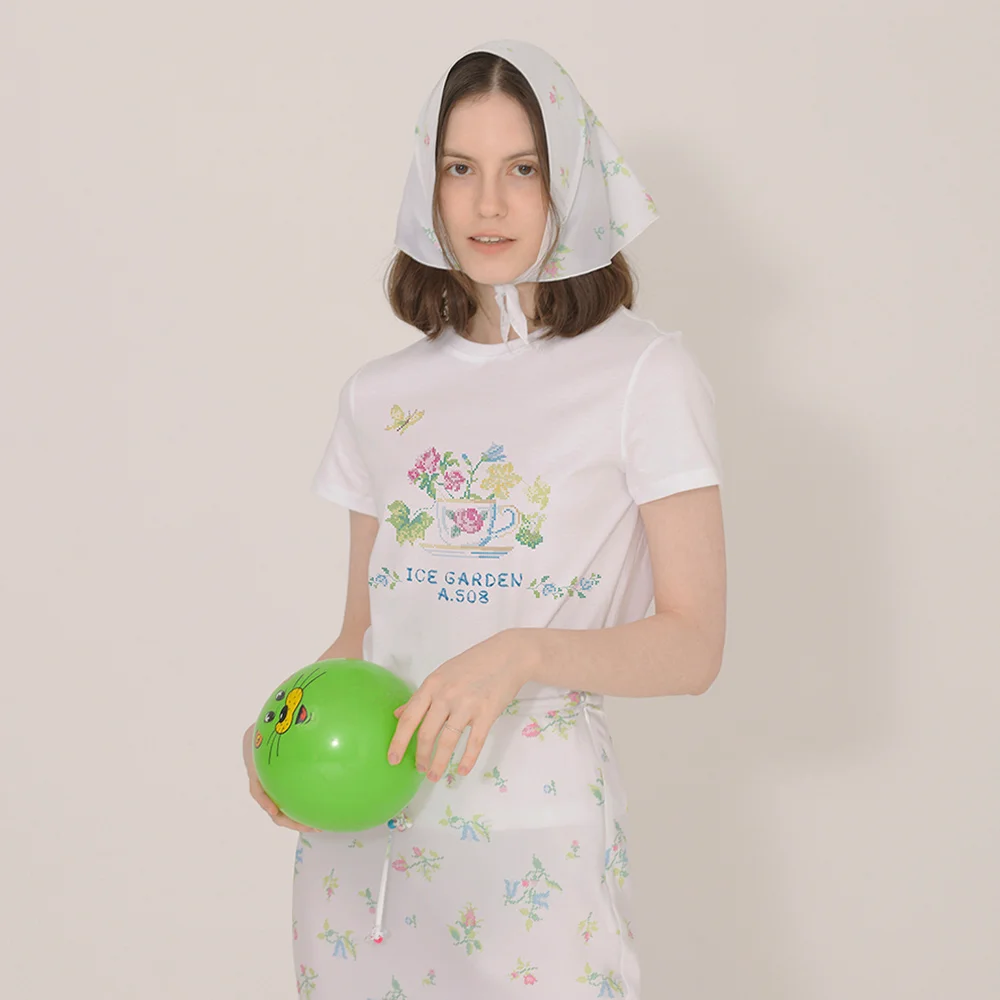 Cross-stitch Floral Print T-shirt