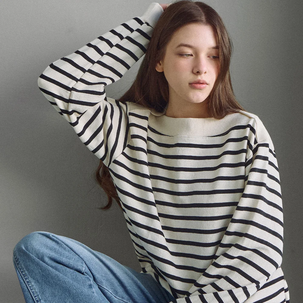 Boat neck stripe oversized sweatshirt_2 Colors