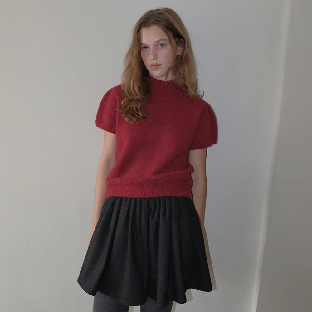 Turtleneck Emma Half Puff Knit - Vintage Red