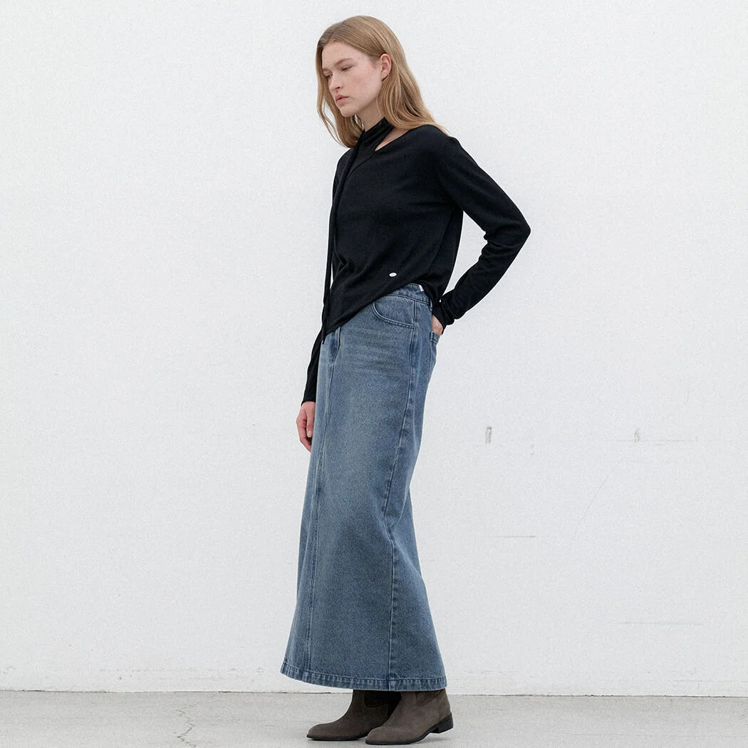 SLIT POINT DENIM MAXI SKIRT(SK-5040)