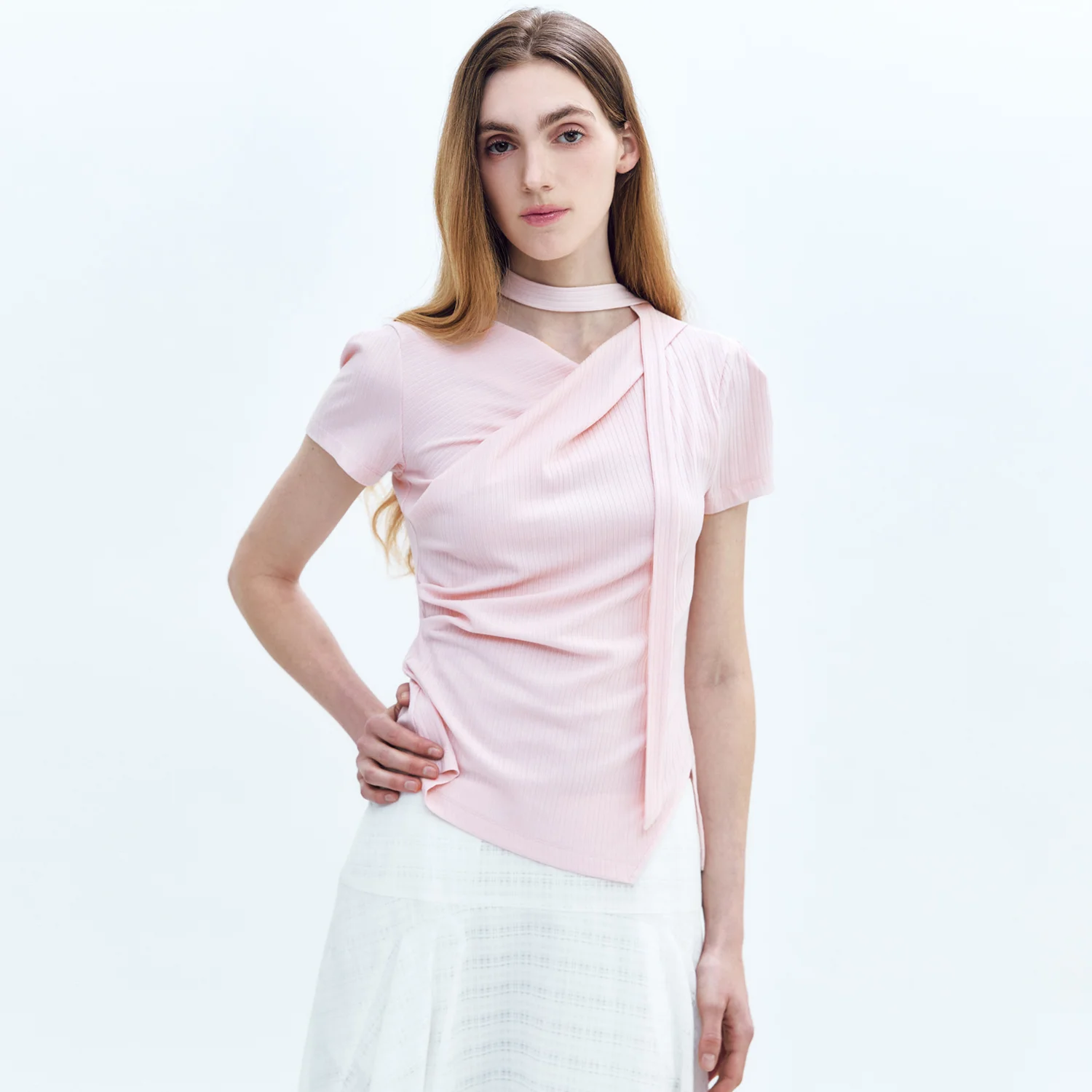Unbalance Draped Short-SLV TOP PINK