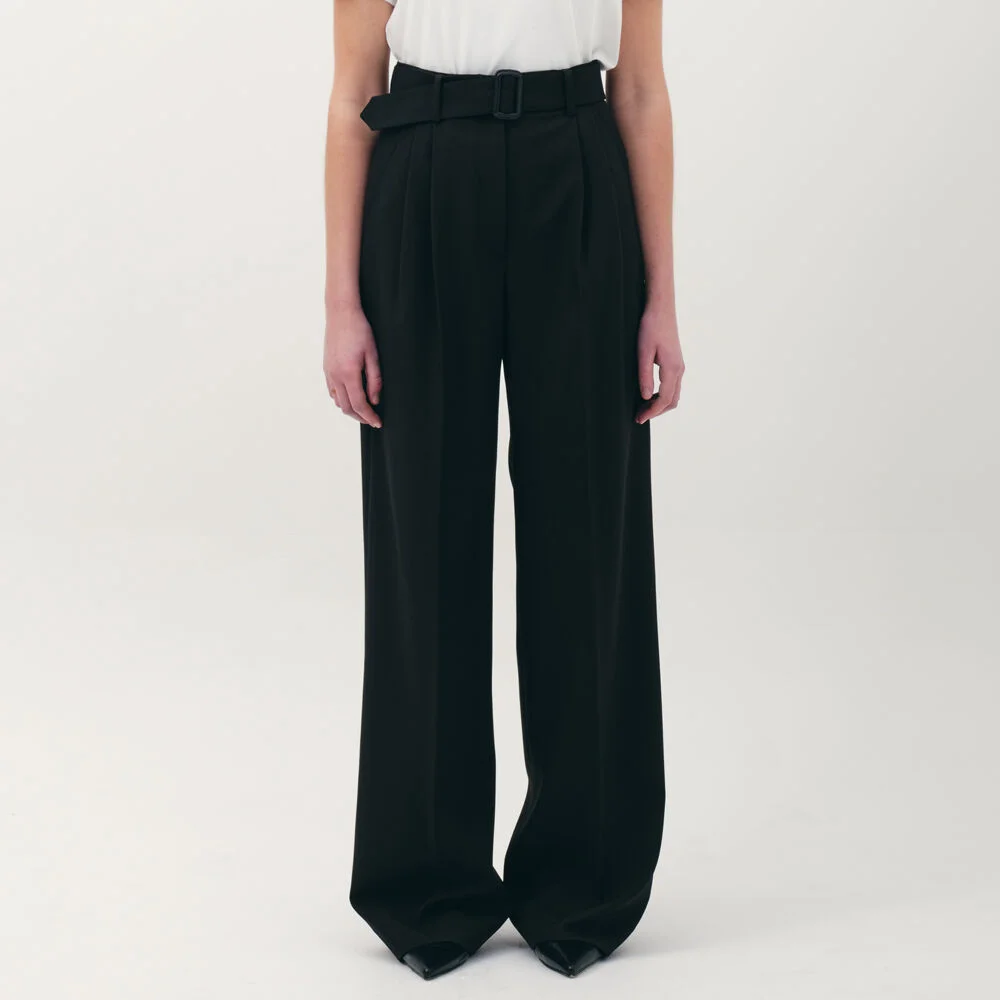 belted wide leg pants_black