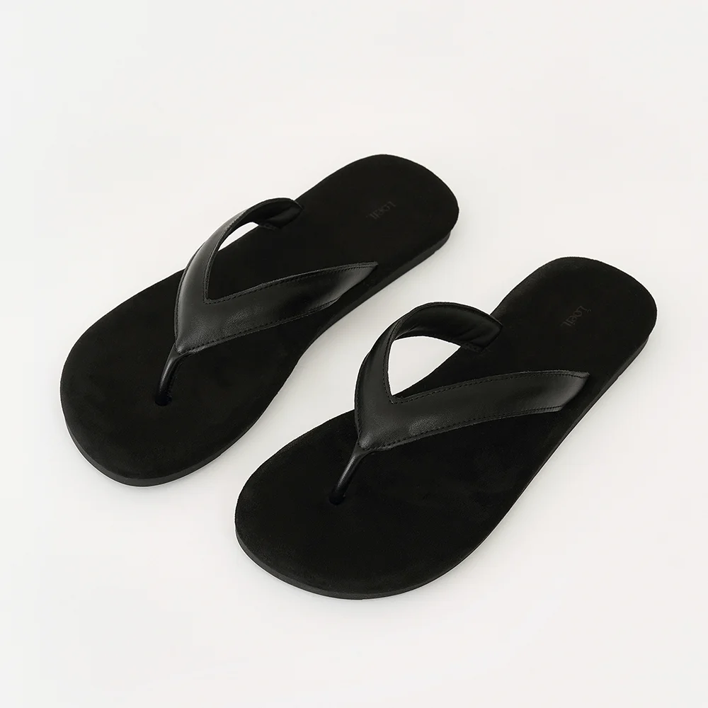 Logo sole fake leather strap flip flops_Black