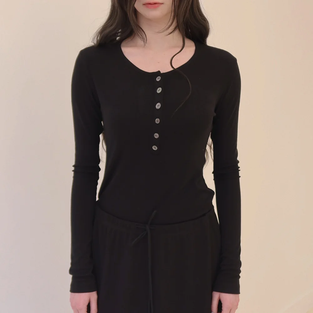 Button Henley Neck Top_Black