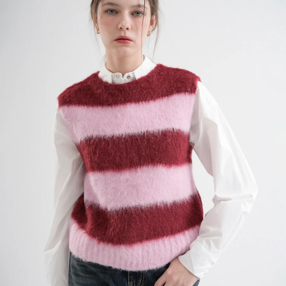 Wool Stripe Brush Knit Vest (Pink)