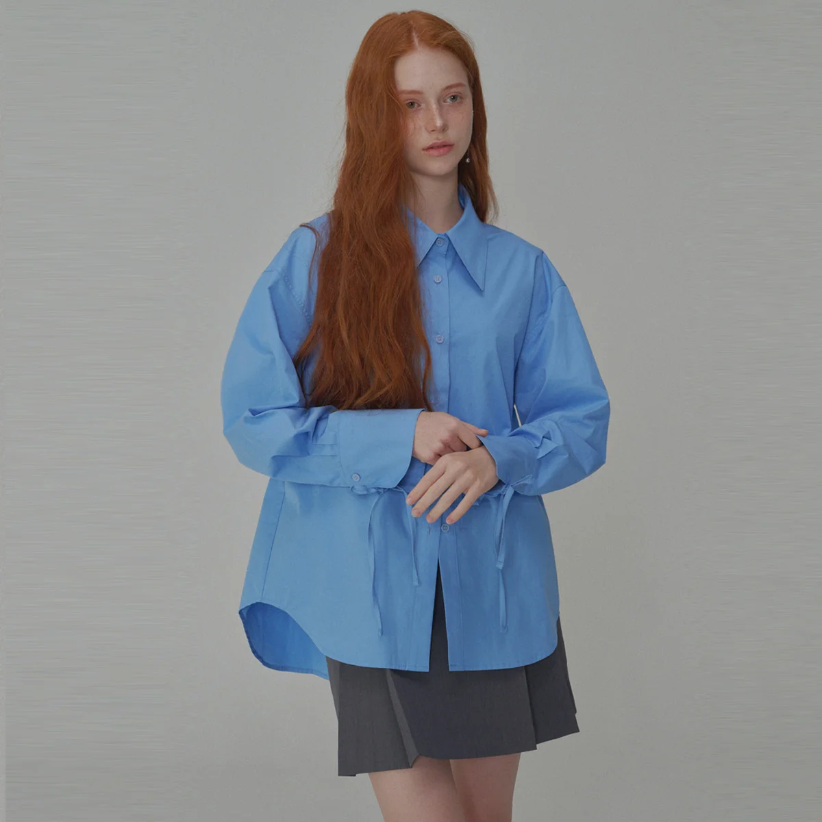 Ribbon Detailed Over-fit Cotton Shirt_Blue
