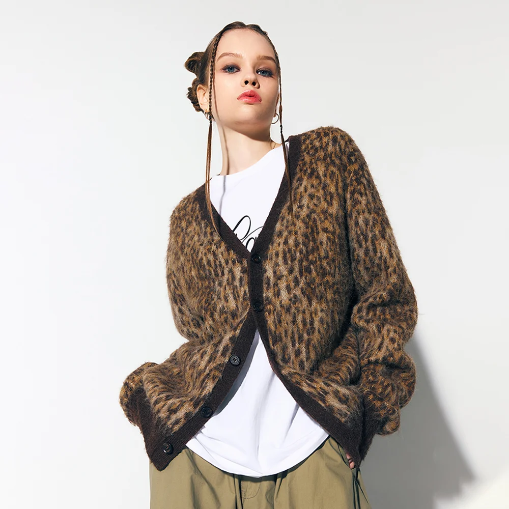LEOPARD KNIT CARDIGAN BROWN
