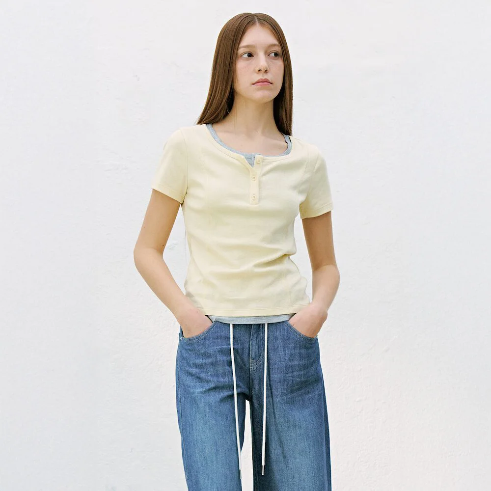 Layered Henley Neck TShirts Lemon (KE6540M10F)