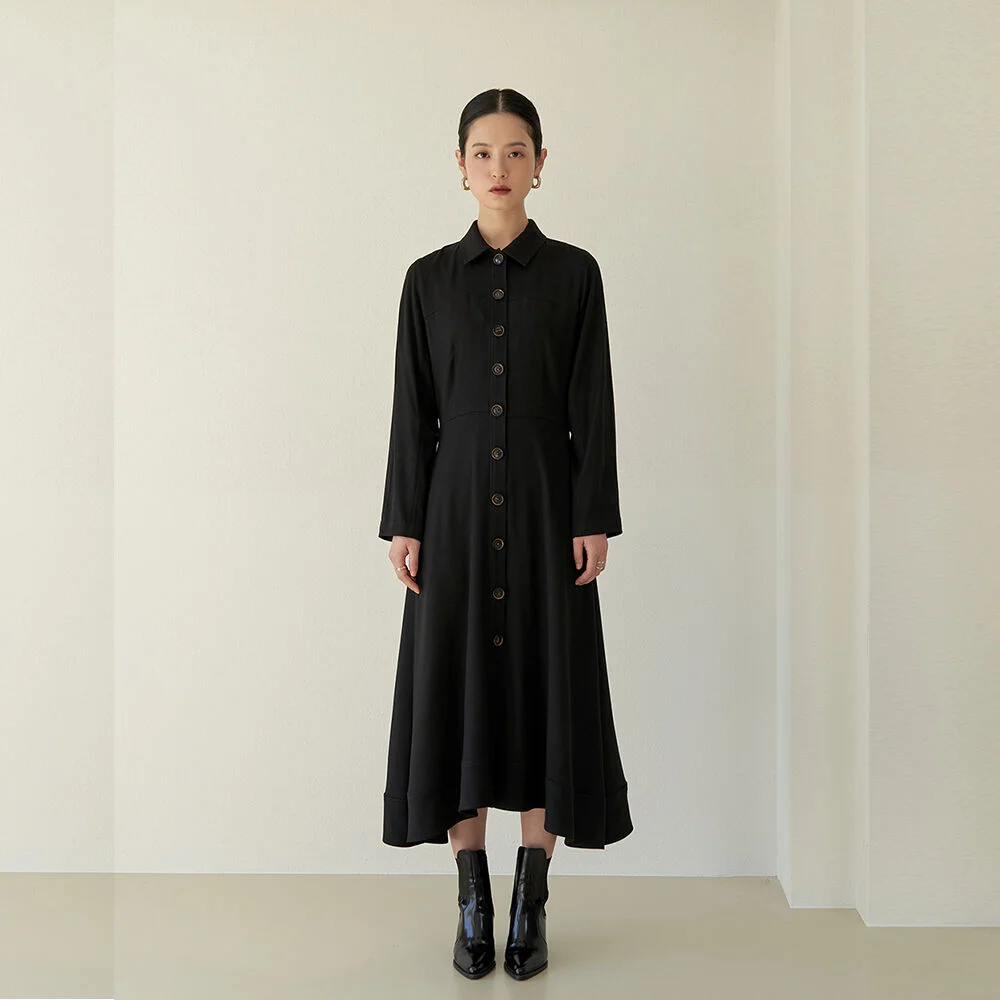 point button flare shirt dress_Black
