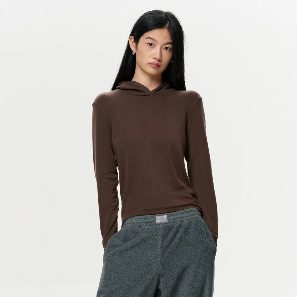WOMEN ERA JERSEY HOODED TOP - BROWN