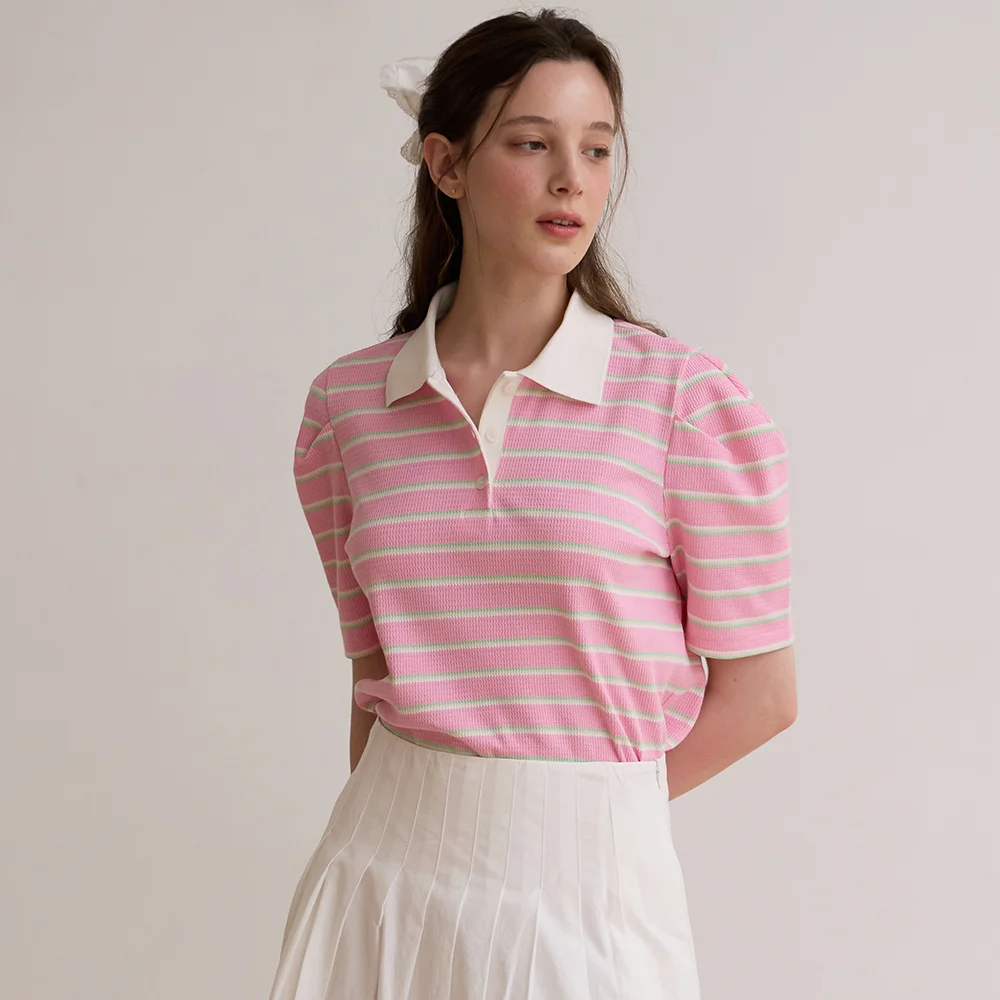 Stripe collar puff top - Pink