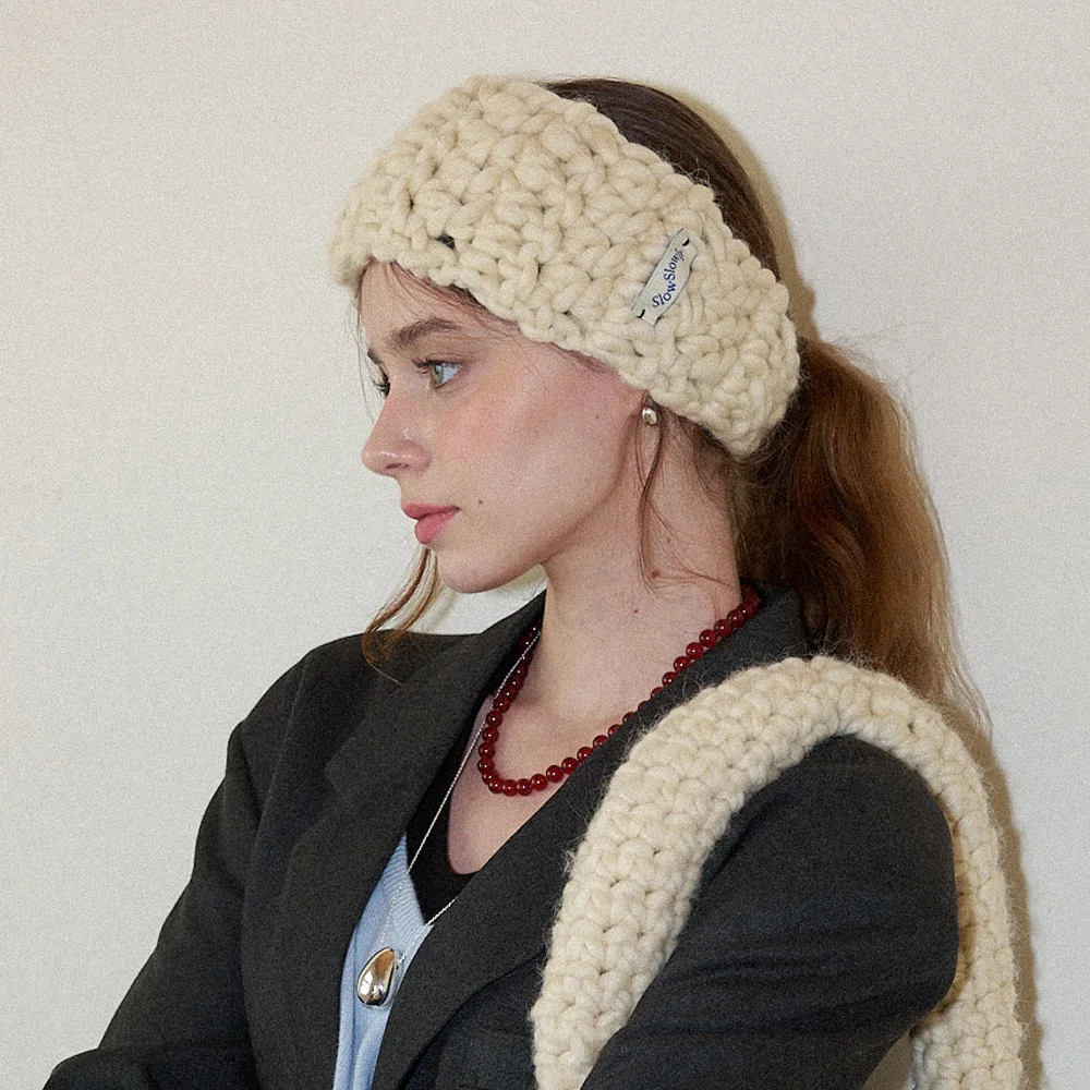 Wool 100% Handmade Crochet Wide Hairband _ Cream