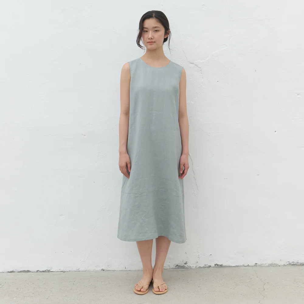 linen sleeveless long dress-blue