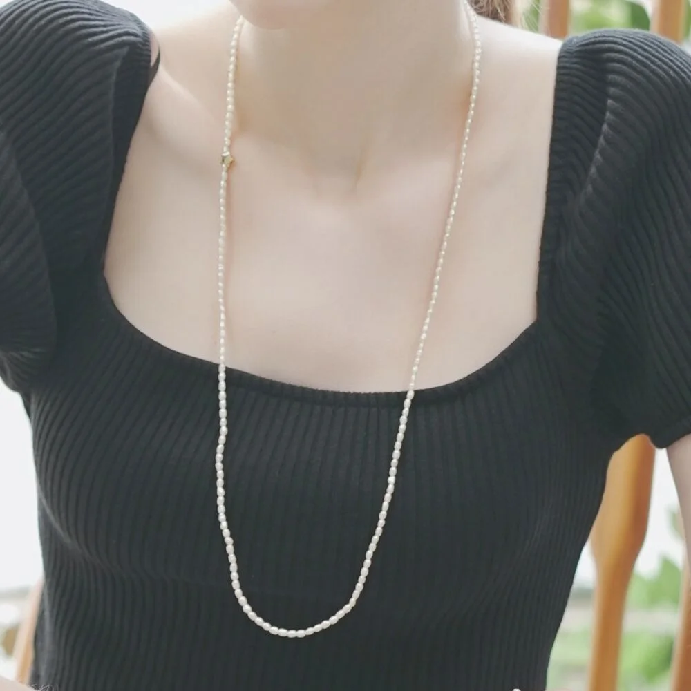 Mini water pearl long Necklace 迷你 米粒紋 3mm 淡水珍珠 長 頸鏈
