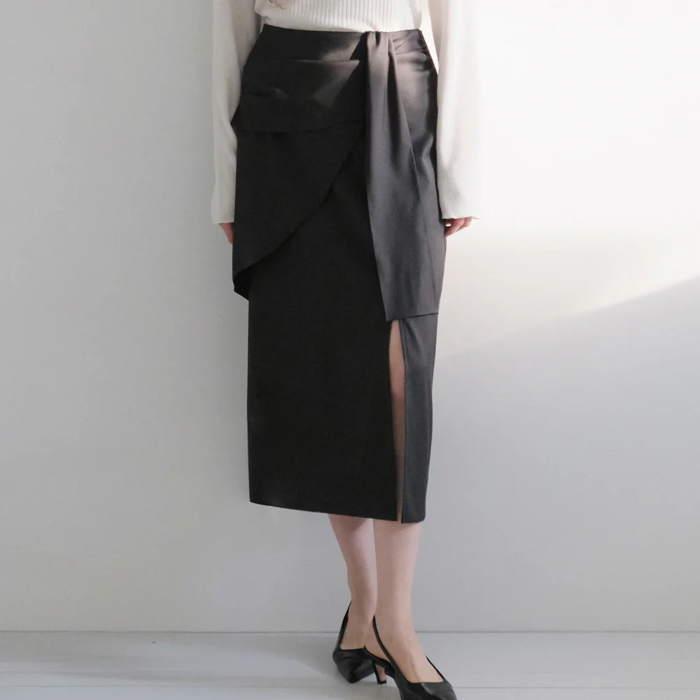 tuck shirring layered skirt (charcoal) orc 6091