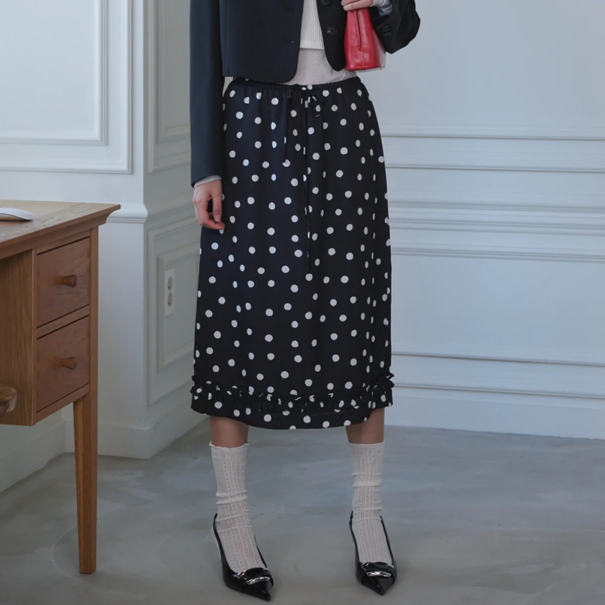 Frill Midi Dot Skirt_Black