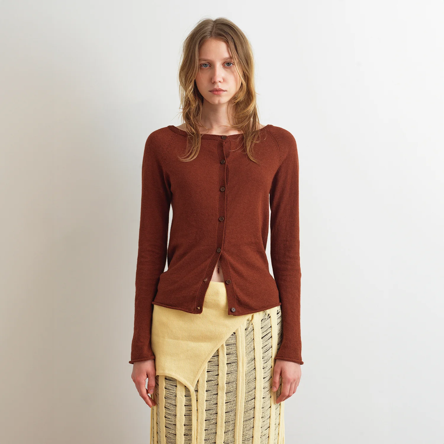BOAT NECK TWO WAY CARDIGAN - BRICK BROWN