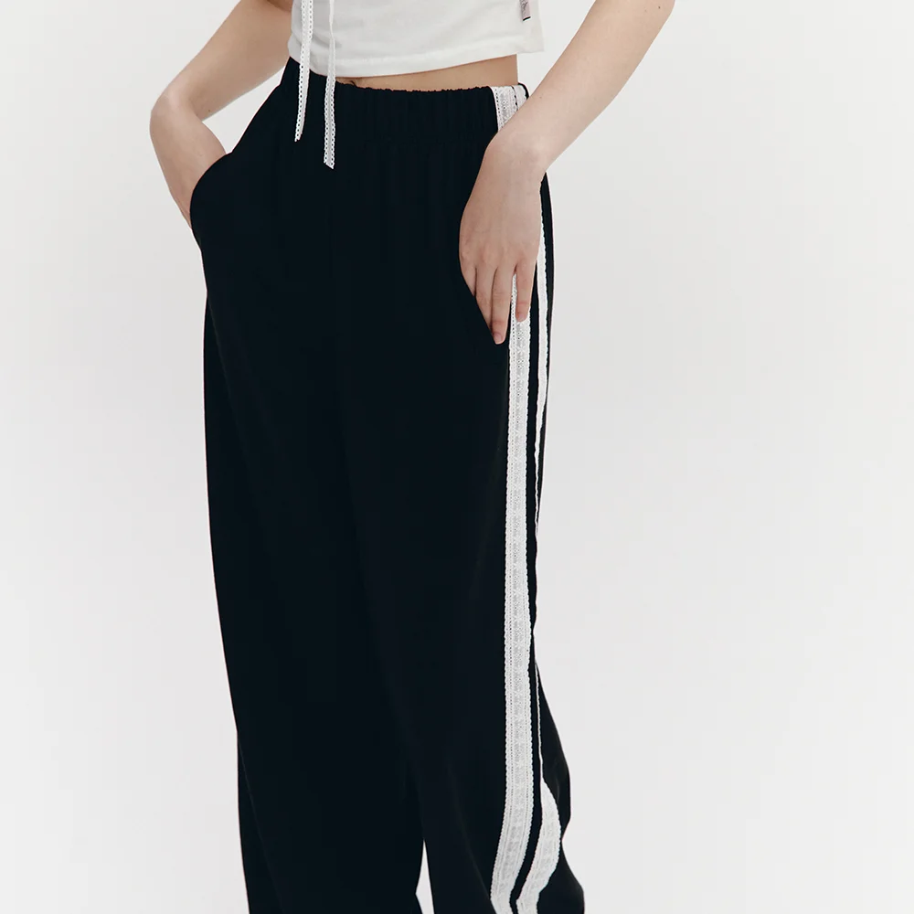 Lace Tape Banding Pants Black