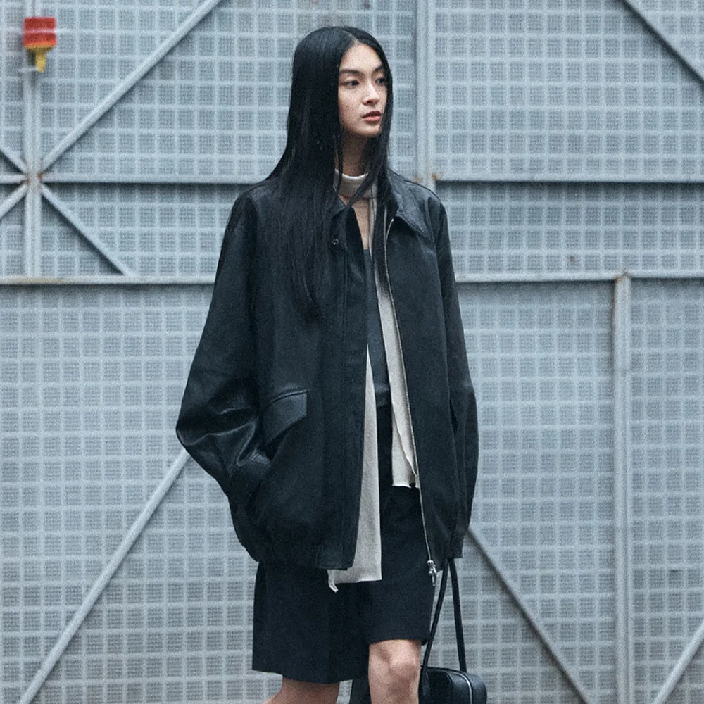 SIOT4190 仿真 皮革 半 外套_Black