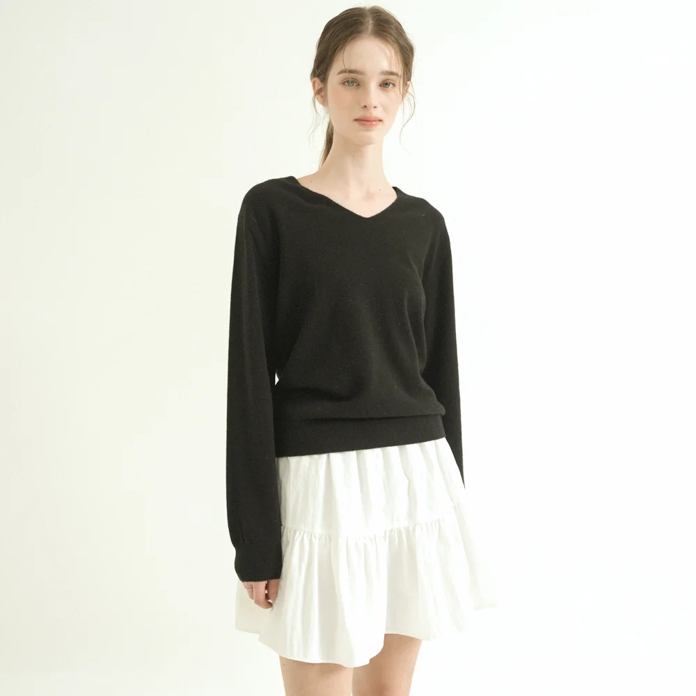 Merino Wool 100% V-Neck Basic Knit (black)