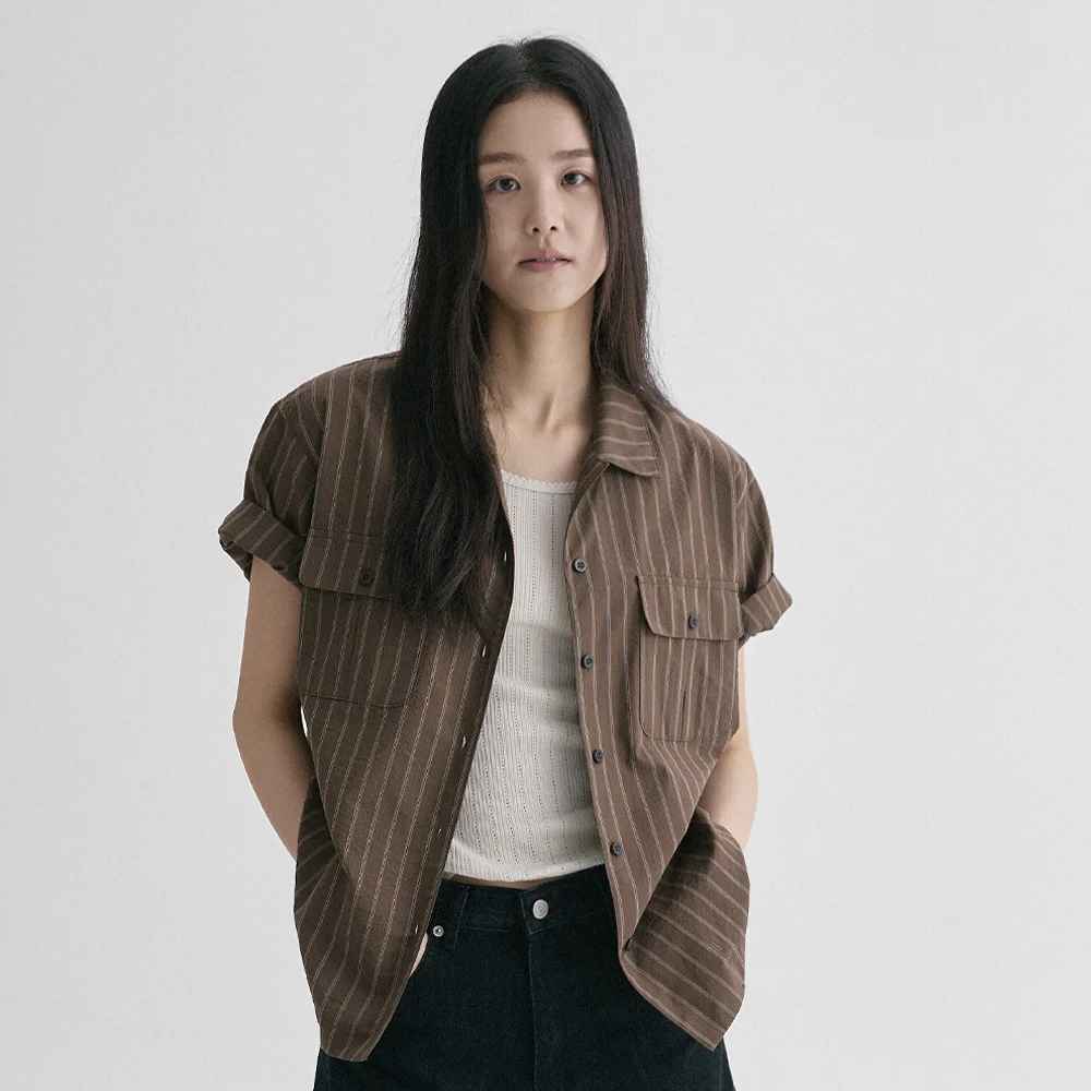 CHLOE STRIPED HALF SHIRT (BROWN)