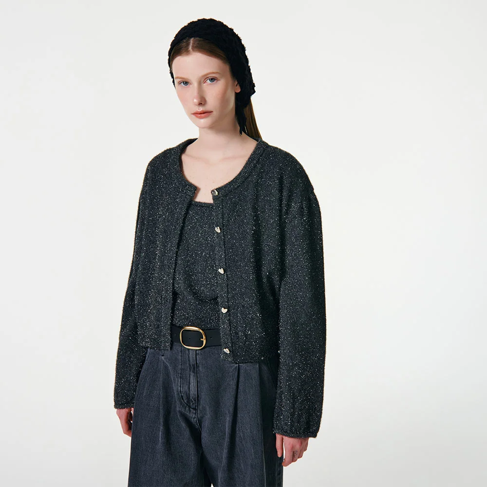 METALLIC PUFF SLEEVES CARDIGAN