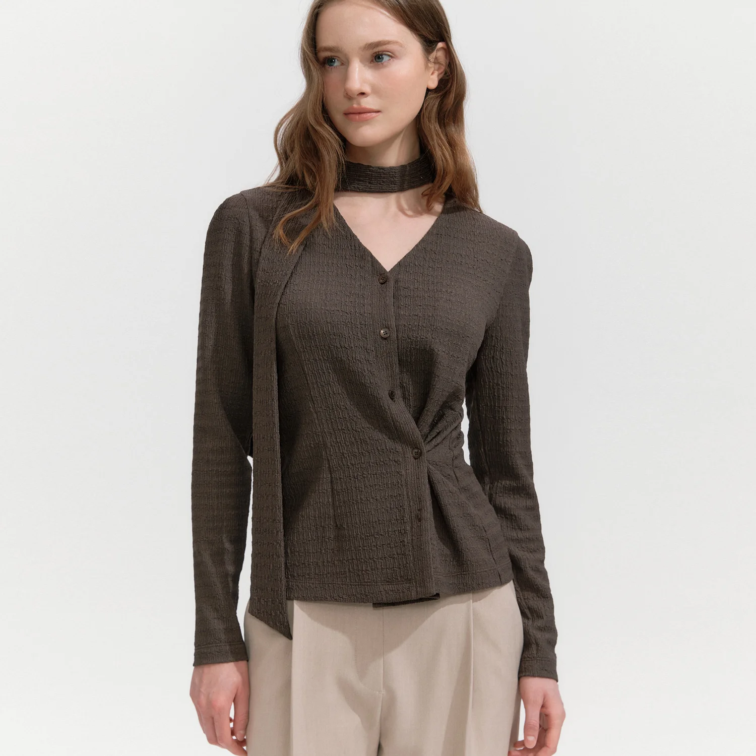 V-neck Cardigun Blouse BROWN