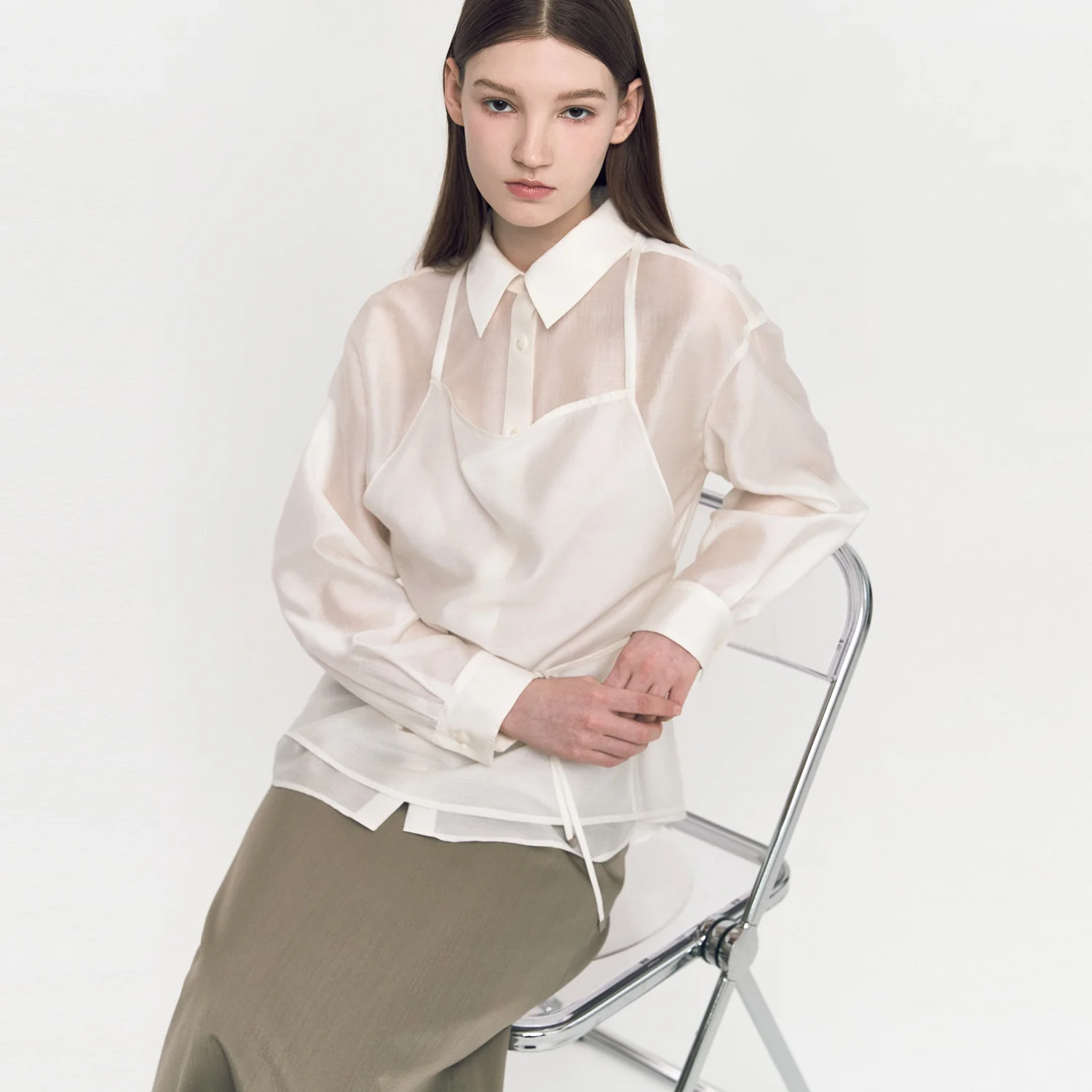 Sheer Apron Set Shirts IVORY