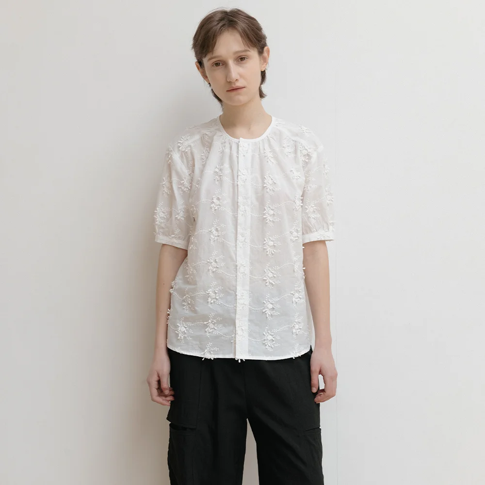 Flower Puff Blouse_花 刺繡 泡泡 雪紡衫